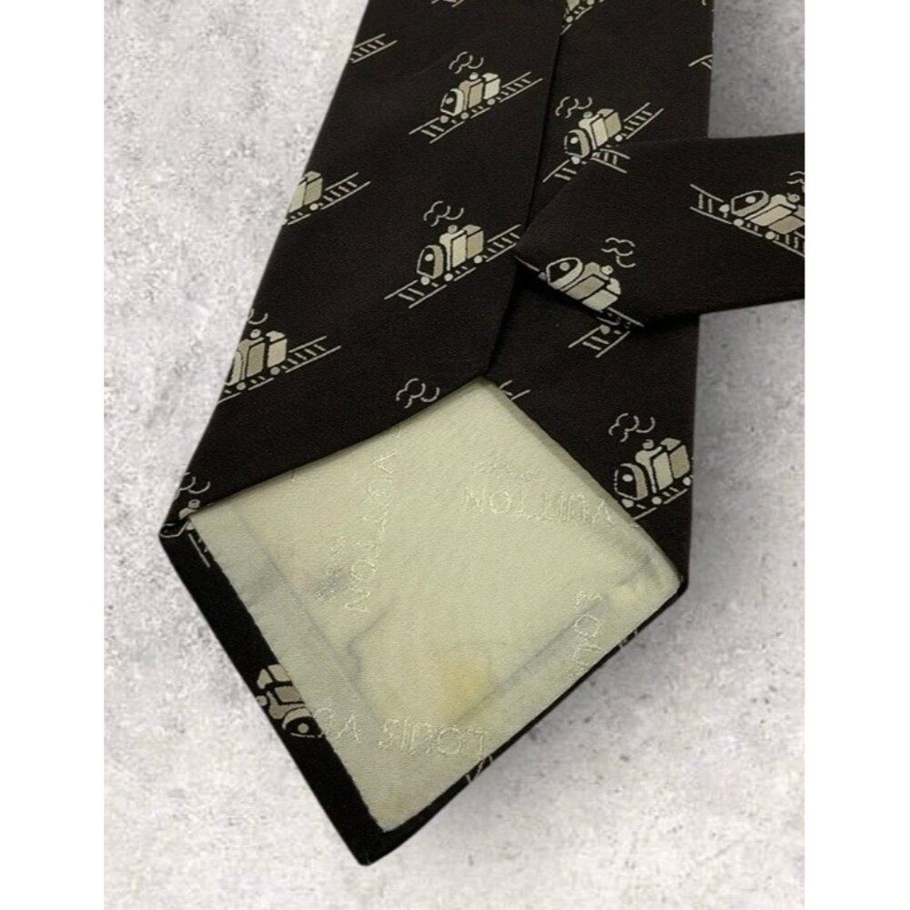 LOUIS VUITTON VINTAGE RARE Silk Tie ITALY Brown Beige Train Logo LV W:3.5" EUC - Picture 4 of 5